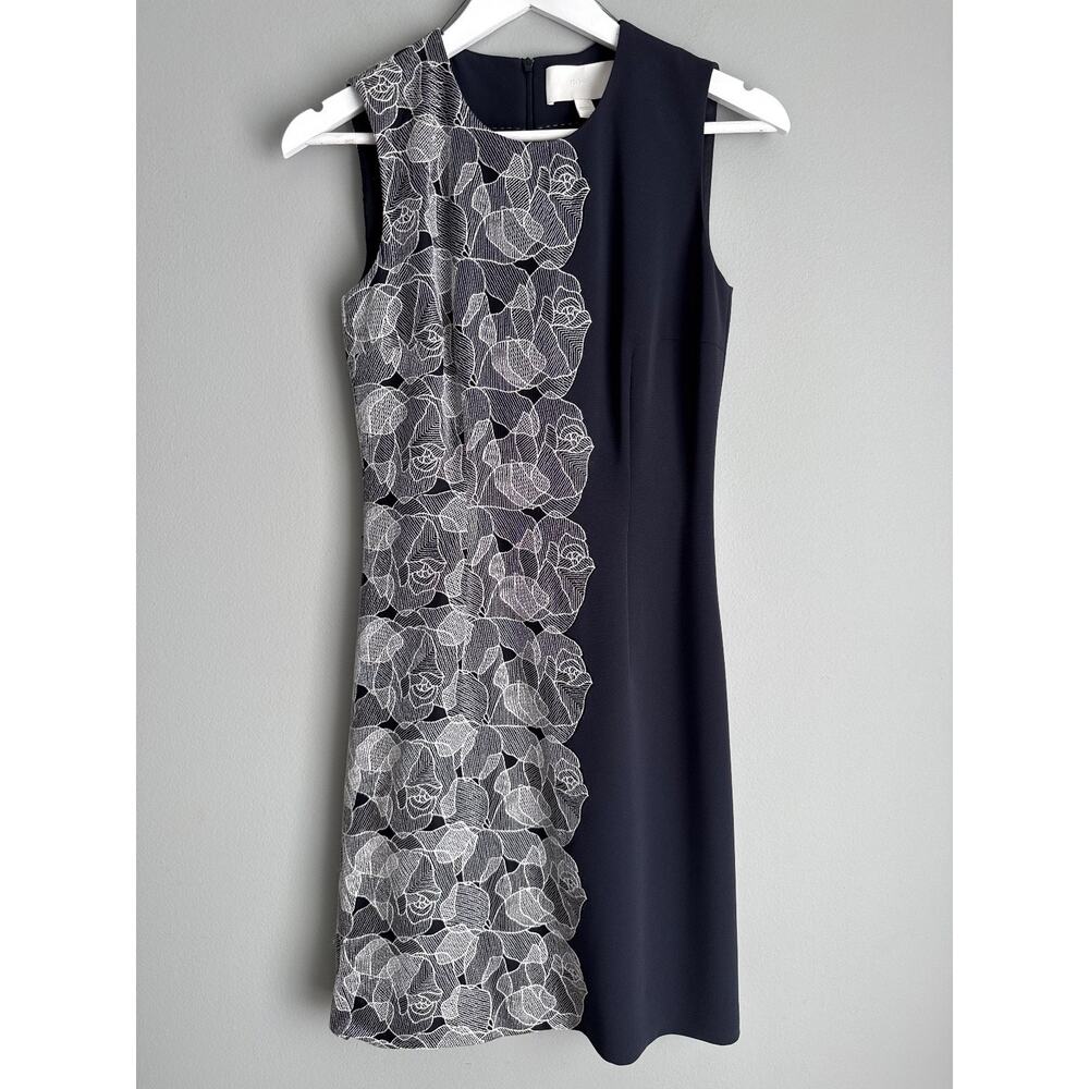 Hugo Boss Navy Sheath Dress US2 Floral Lace Panel Crepe Lined Luxury Career Work